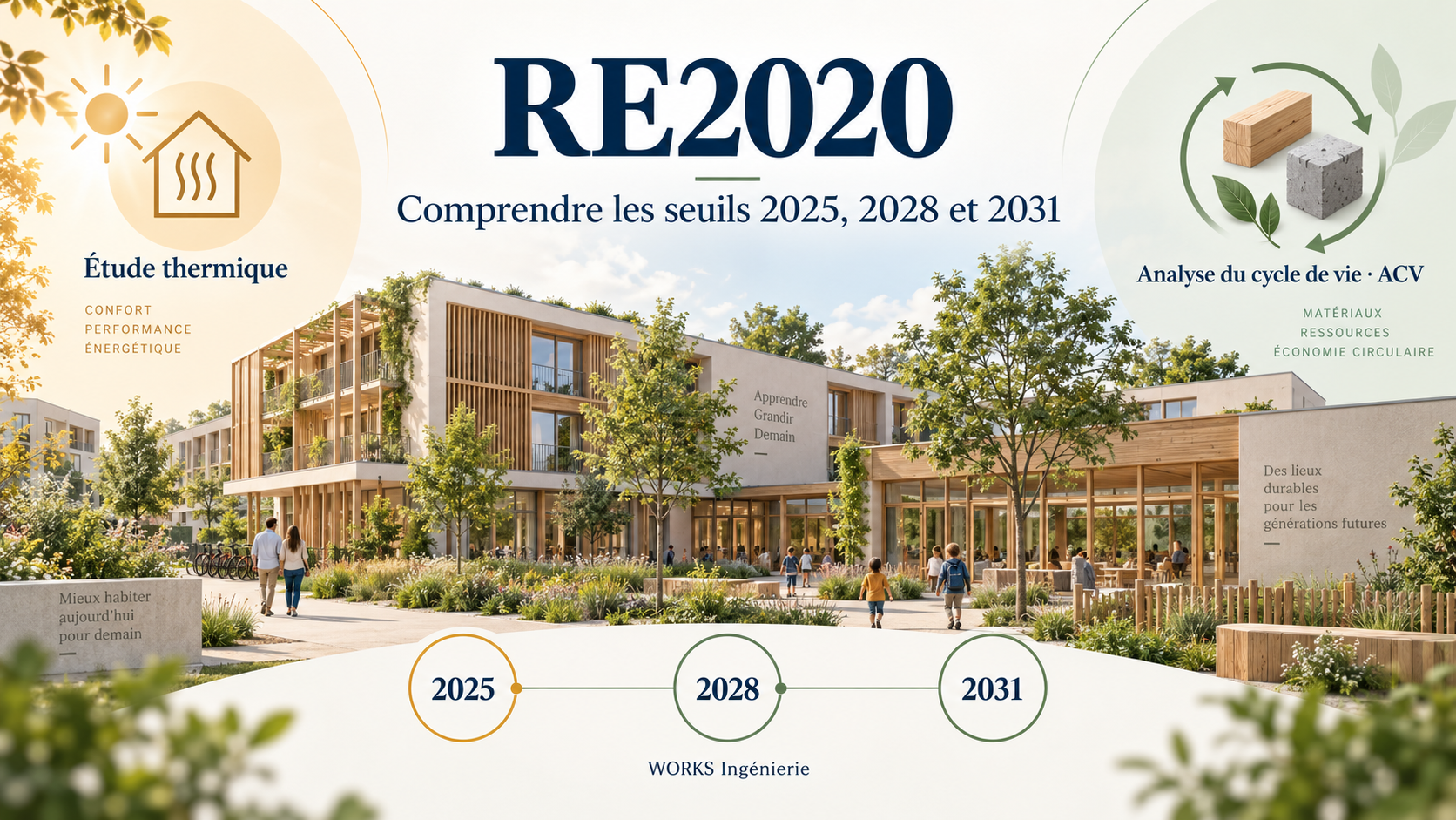 Illustration RE2020 : étude thermique, analyse du cycle de vie et seuils 2025, 2028 et 2031 — WORKS Ingénierie